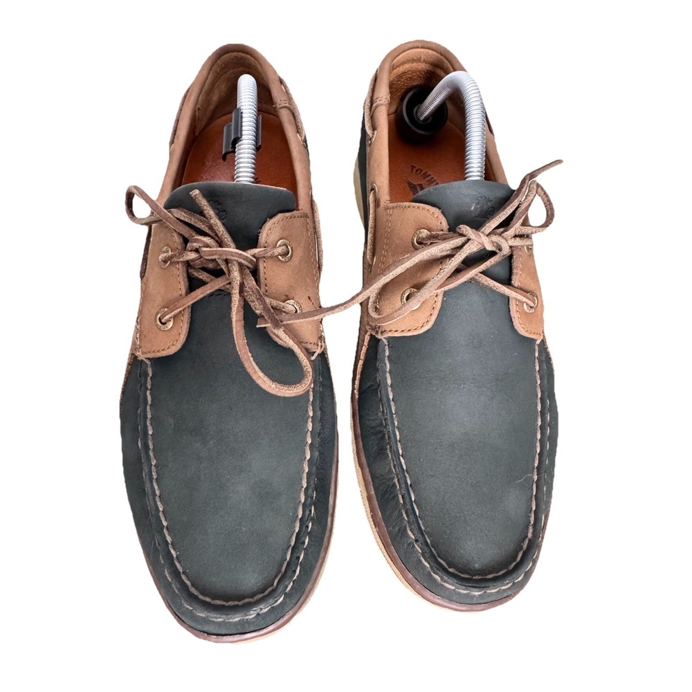Tommy Bahama Men's Leather Boat Shoes Sz 10‎ Brown Black Moc Toe Casual Loafers